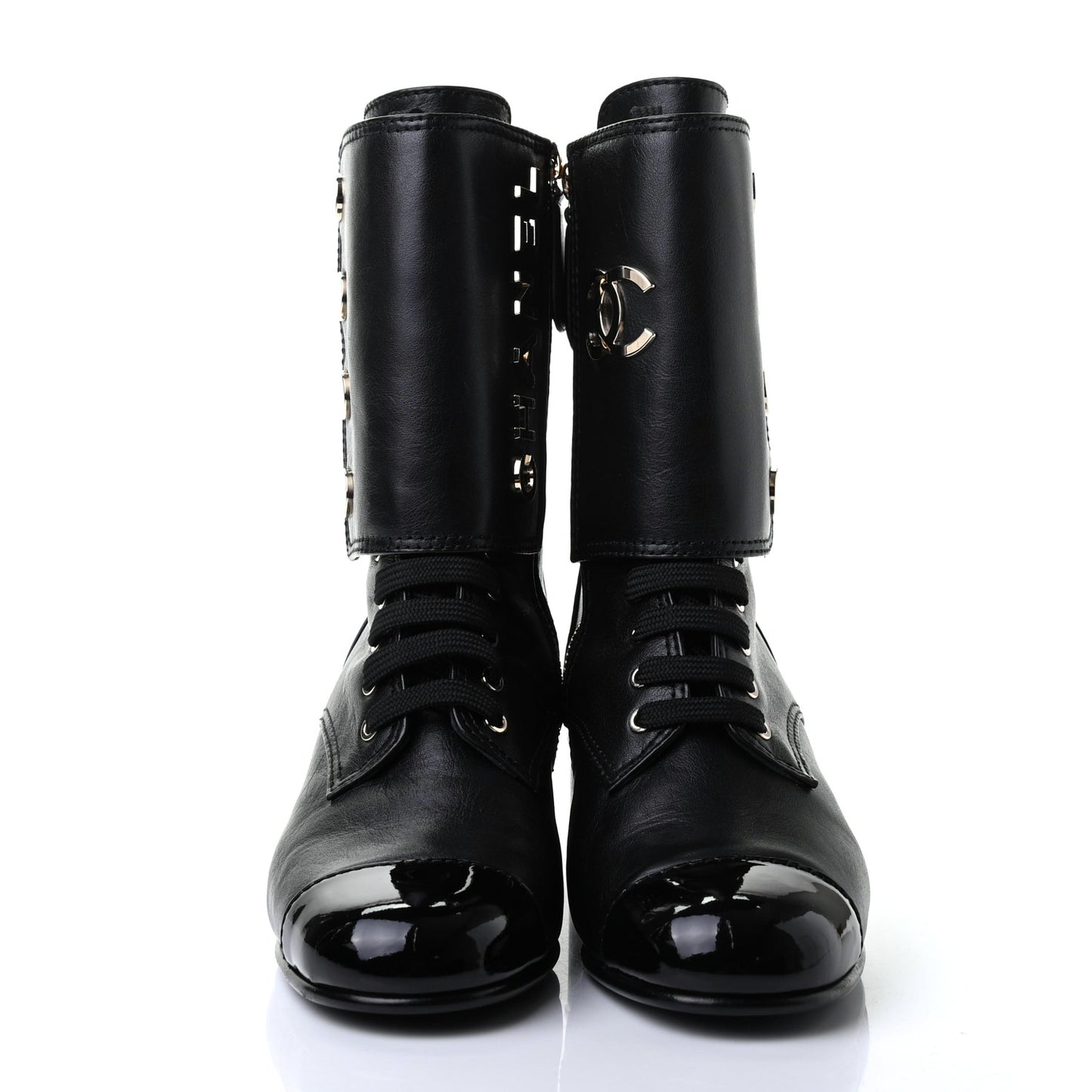 Calfskin Patent Cap Toe CC Lace Up Boots 36 Black