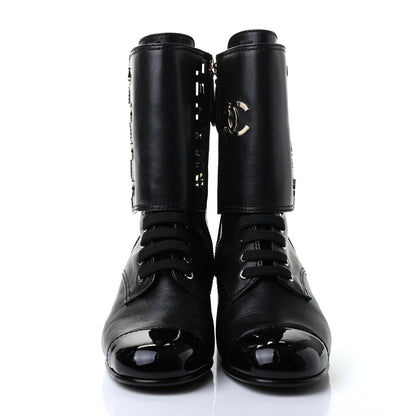 Chanel Calfskin Patent Cap Toe CC Lace Up Boots 36 Black 2 of 10
