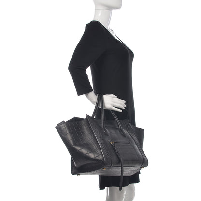 Celine Crocodile Embossed Calfskin Medium Phantom Luggage Black 2 of 11