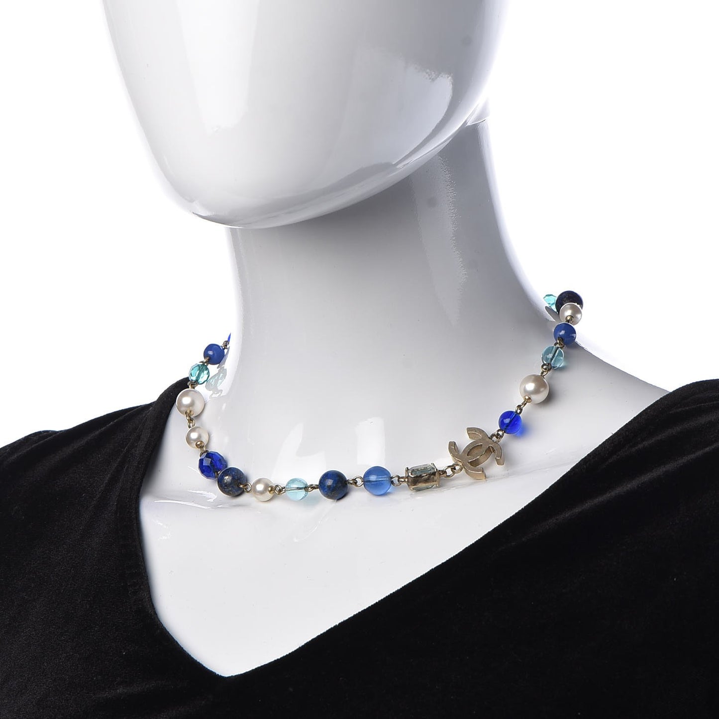 Ruthenium Pearl Beaded CC Short Necklace Silver Blue