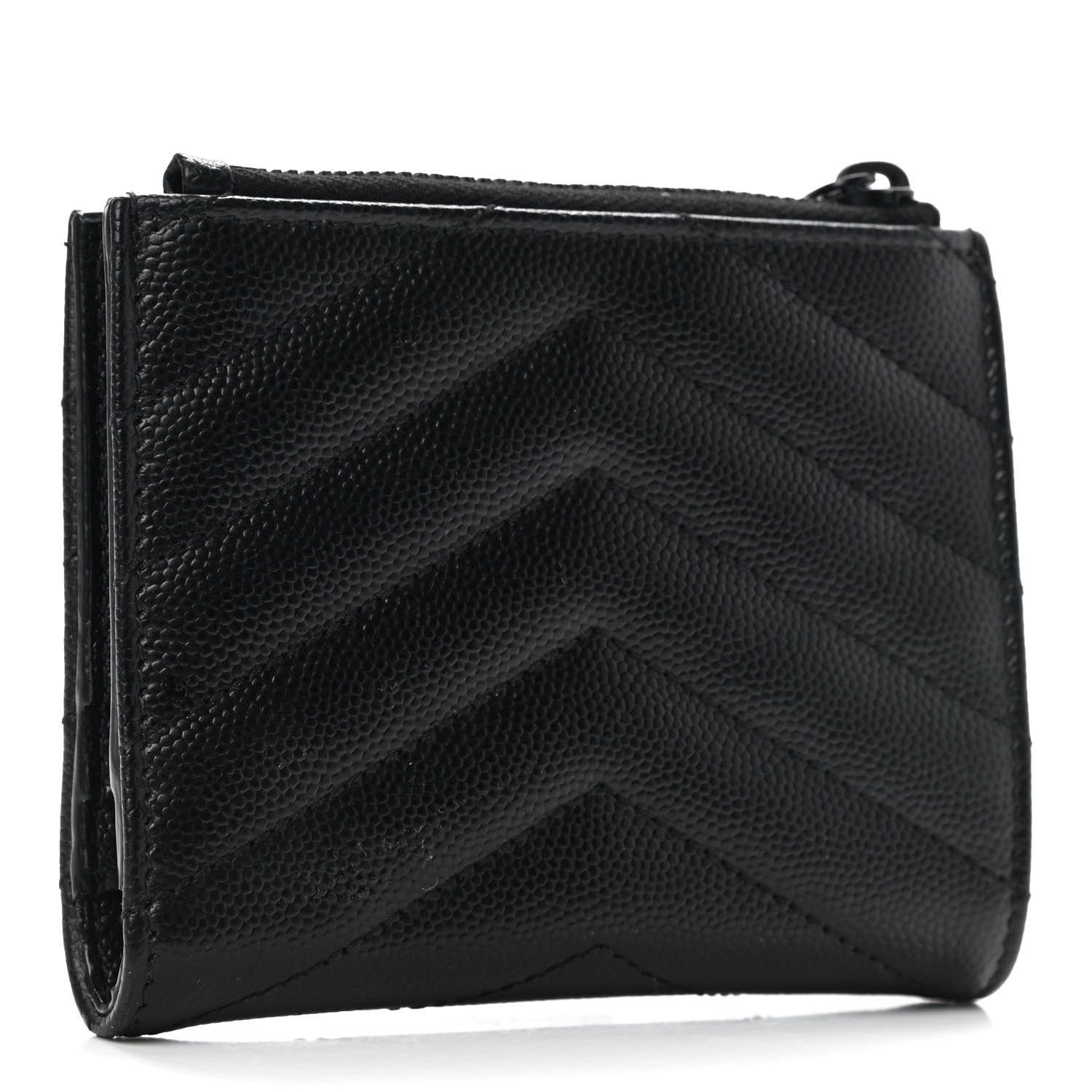Saint Laurent Grain De Poudre Matelasse Chevron Monogram Zipped Card Case Black 3 of 7
