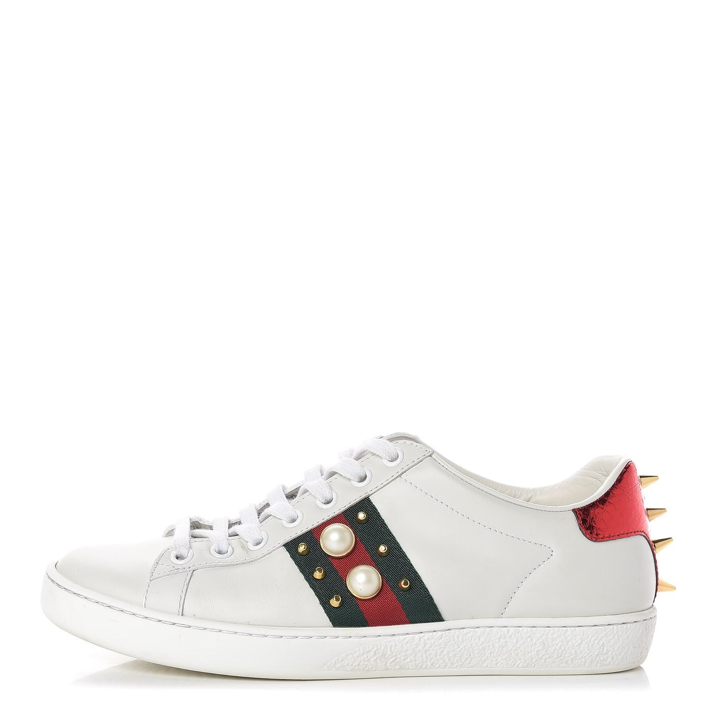 Calfskin Web Pearl Studded Womens Ace Sneakers 36.5 White
