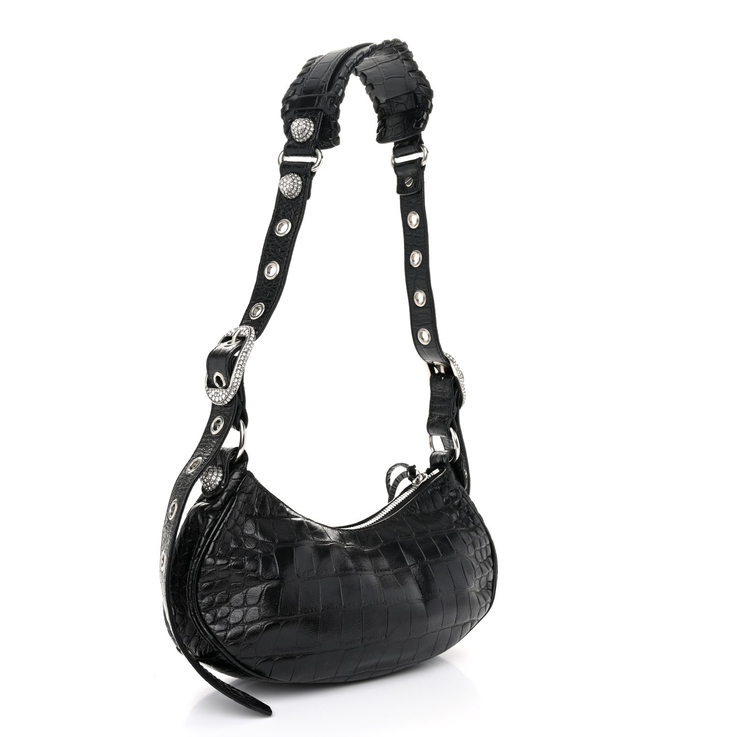 Extra Supple Calfskin Crystal Crocodile Embossed Le Cagole Shoulder Bag XS Black
