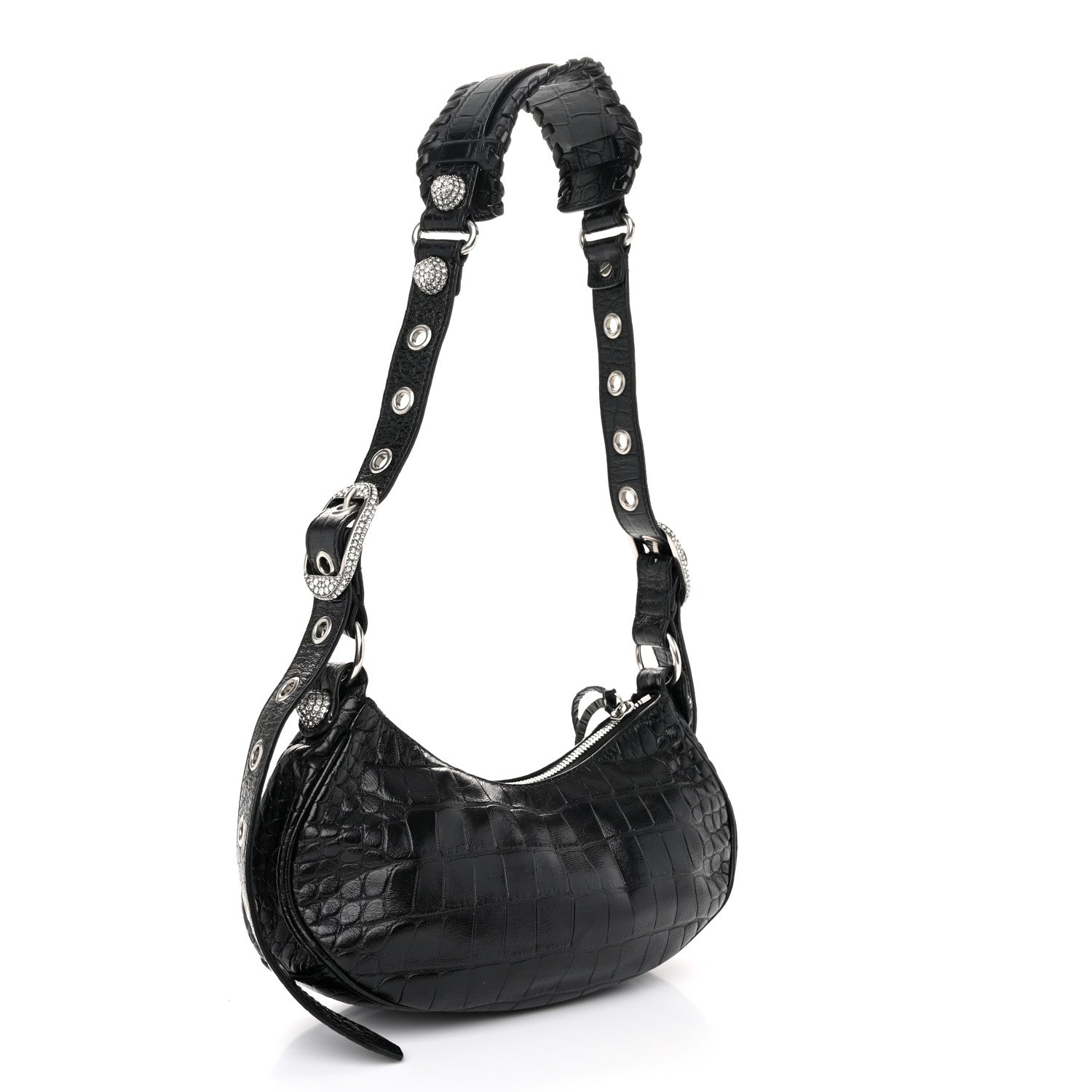Balenciaga Extra Supple Calfskin Crystal Crocodile Embossed Le Cagole Shoulder Bag XS Black 4 of 11