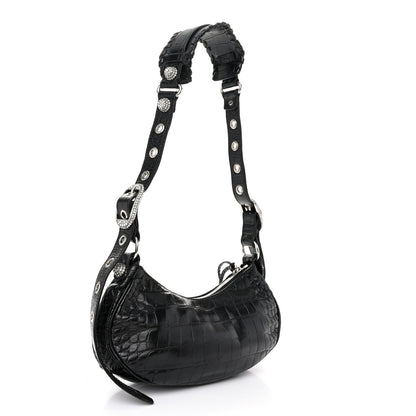 Balenciaga Extra Supple Calfskin Crystal Crocodile Embossed Le Cagole Shoulder Bag XS Black 4 of 11