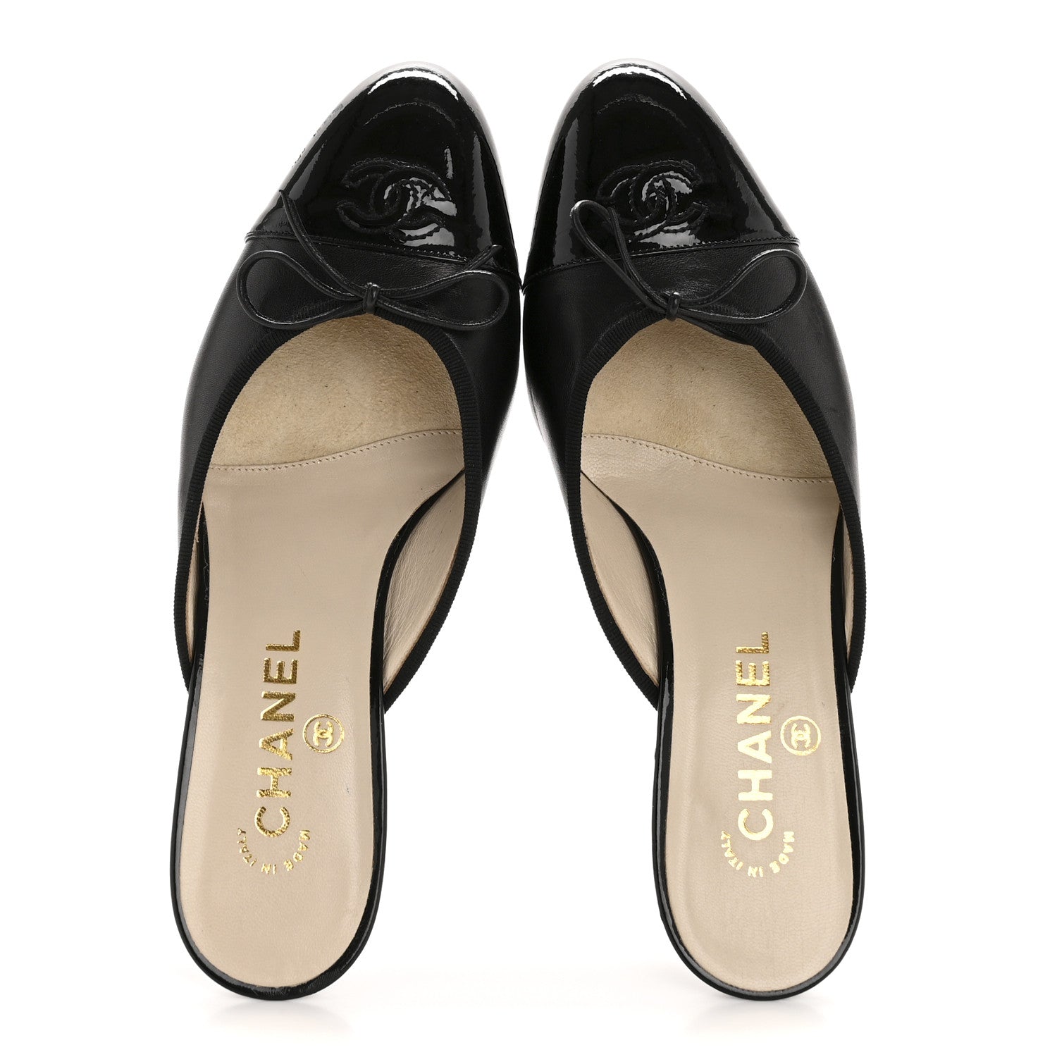 Chanel Lambskin Patent Cap Toe Bow CC Mules 36.5 Black 2 of 9