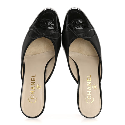 Chanel Lambskin Patent Cap Toe Bow CC Mules 36.5 Black 2 of 9