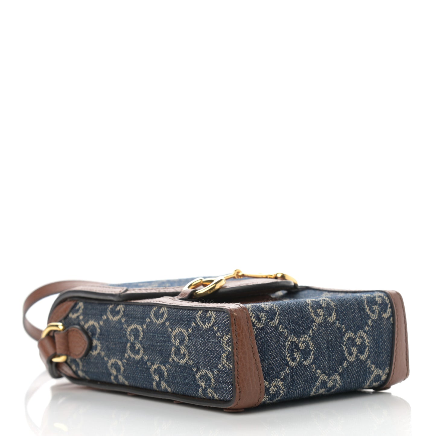 New Denim GG Monogram Dollar Calfskin Mini Horsebit 1955 Crossbody Bag Blue Tea Cuir Epilog