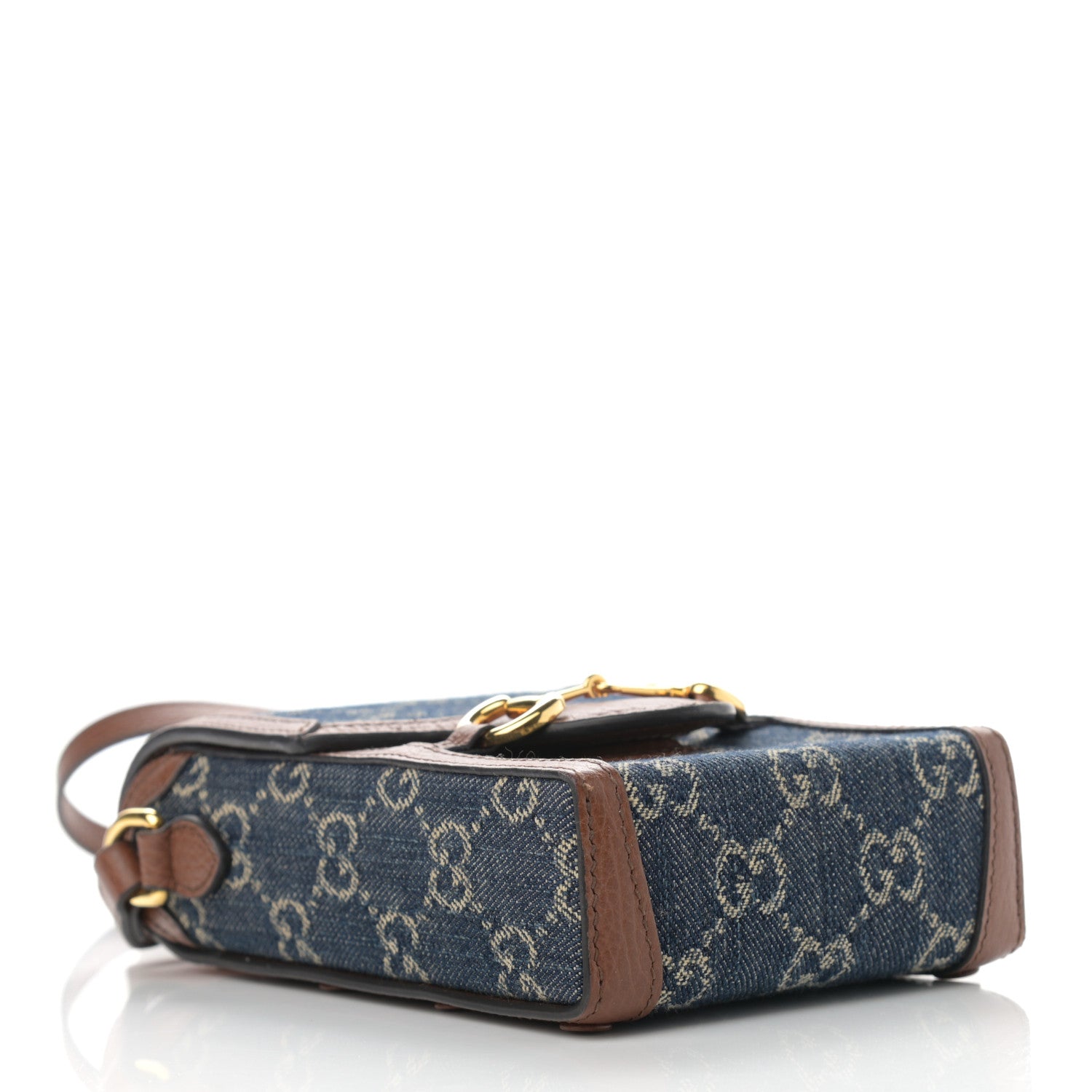 Gucci New Denim GG Monogram Dollar Calfskin Mini Horsebit 1955 Crossbody Bag Blue Tea Cuir Epilog 3 of 12