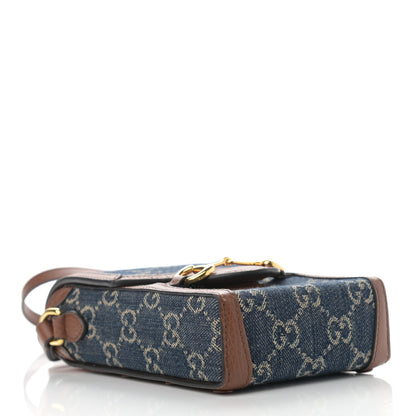 Gucci New Denim GG Monogram Dollar Calfskin Mini Horsebit 1955 Crossbody Bag Blue Tea Cuir Epilog 3 of 12