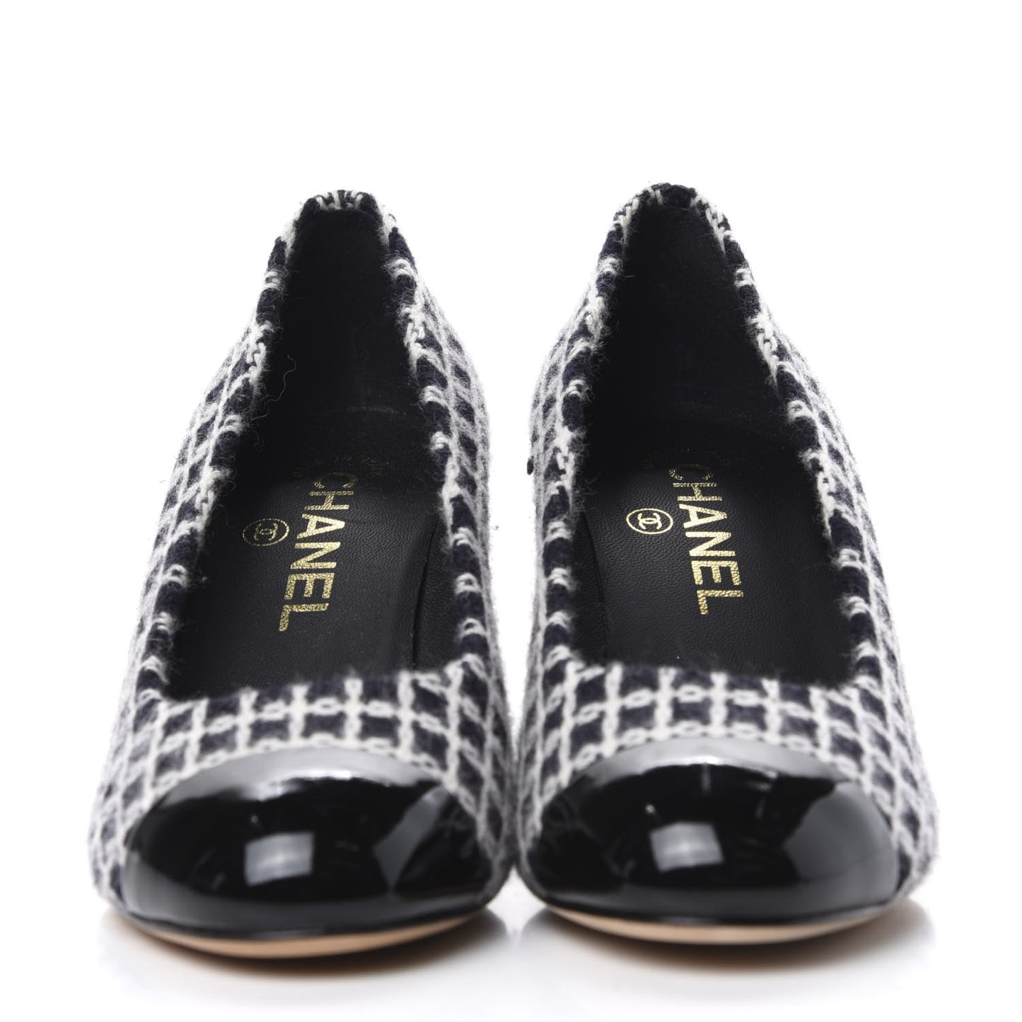 Tweed Patent Cap Toe CC Pumps 36 Black White