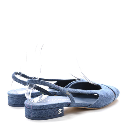 Chanel Denim Printed Denim Mood Cap Toe CC Slingback Flats 37 Light Blue Multicolor 5 of 9
