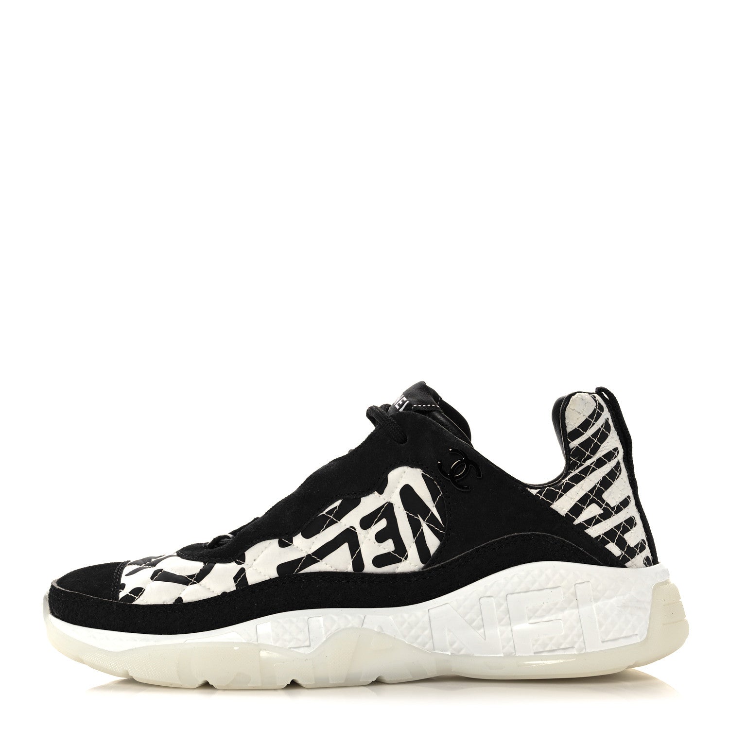 Chanel Nylon Suede Calfskin Printed Sneakers 38.5 White Black 1 of 7