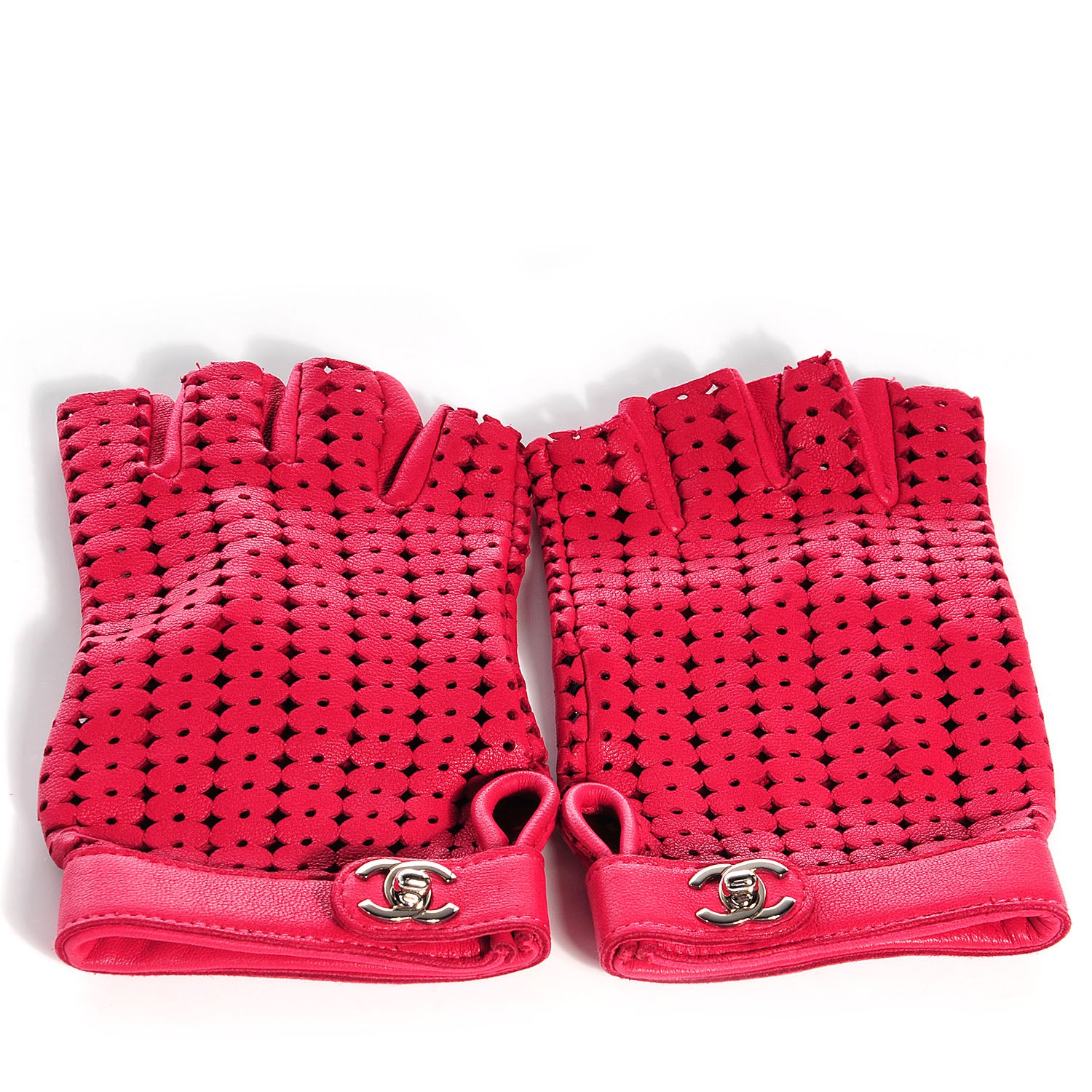 Chanel Lambskin Perforated Fingerless CC Gloves Red Size 7 1 of 9