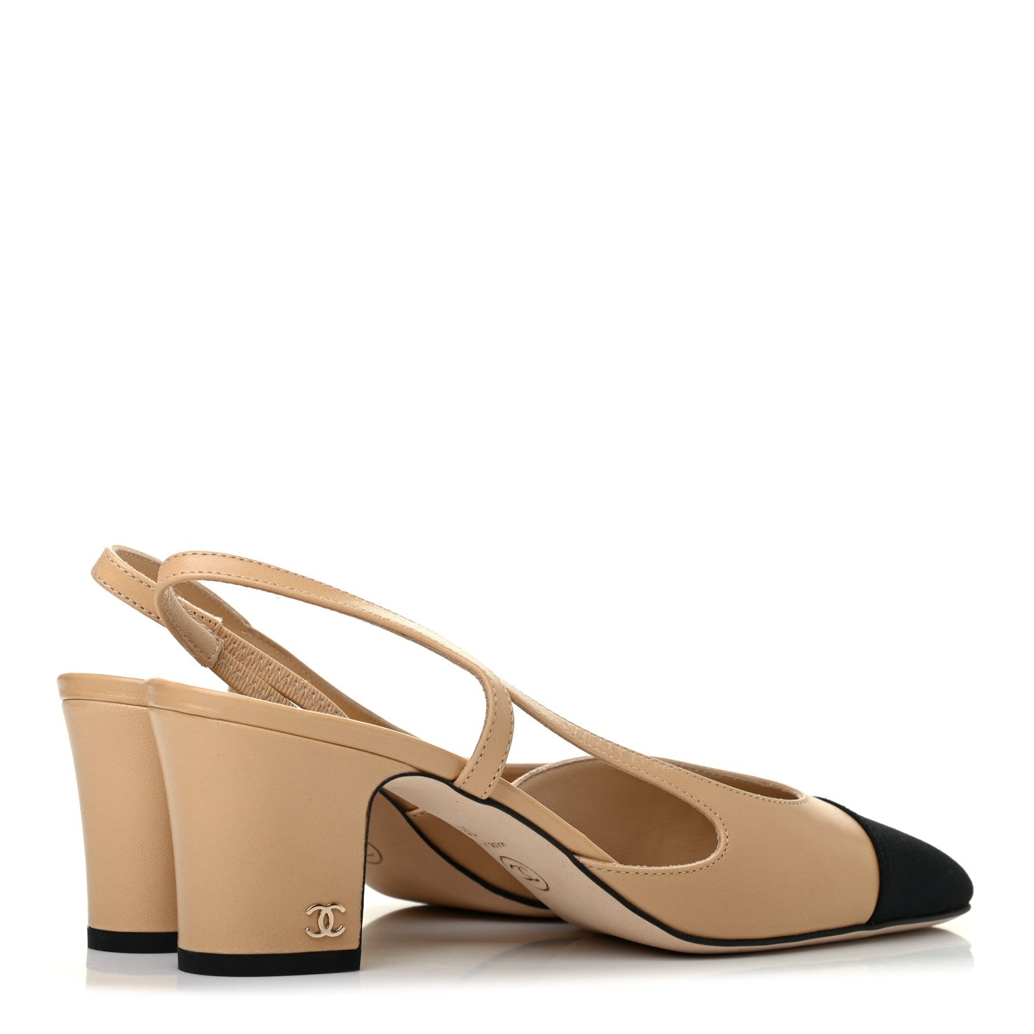 Chanel Goatskin Grosgrain Cap Toe CC Slingback Pumps 38 Beige Black 4 of 8