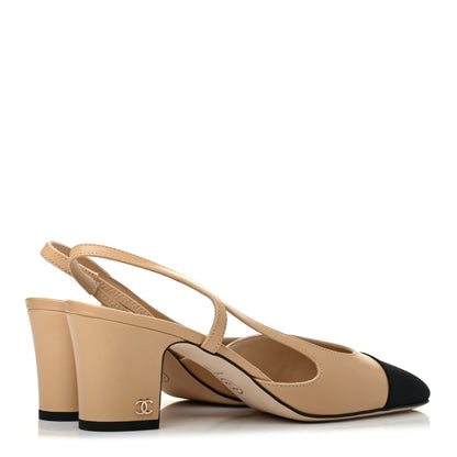 Chanel Goatskin Grosgrain Cap Toe CC Slingback Pumps 38 Beige Black 4 of 8