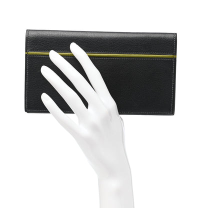 Hermes Taurillon Clemence MC2 Fleming Checkbook Holder Bleu Nuit Vert Chartreuse 2 of 9