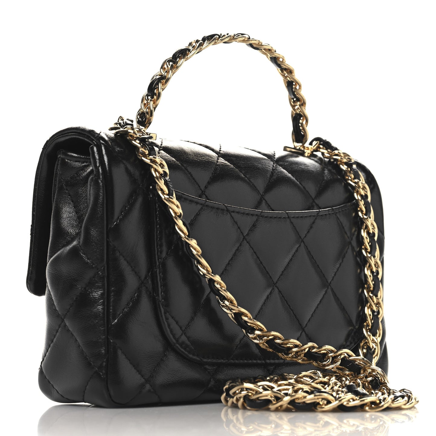 Shiny Lambskin Quilted Golden Links Top Handle Flap Black