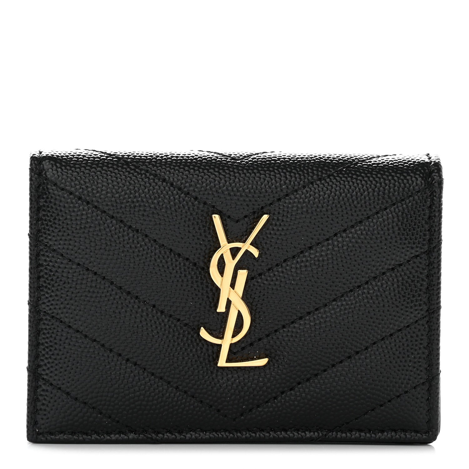 Saint Laurent Grain De Poudre Matelasse Chevron Monogram Flap Card Case Black 1 of 12