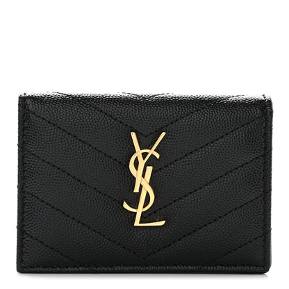 Saint Laurent Grain De Poudre Matelasse Chevron Monogram Flap Card Case Black 1 of 12