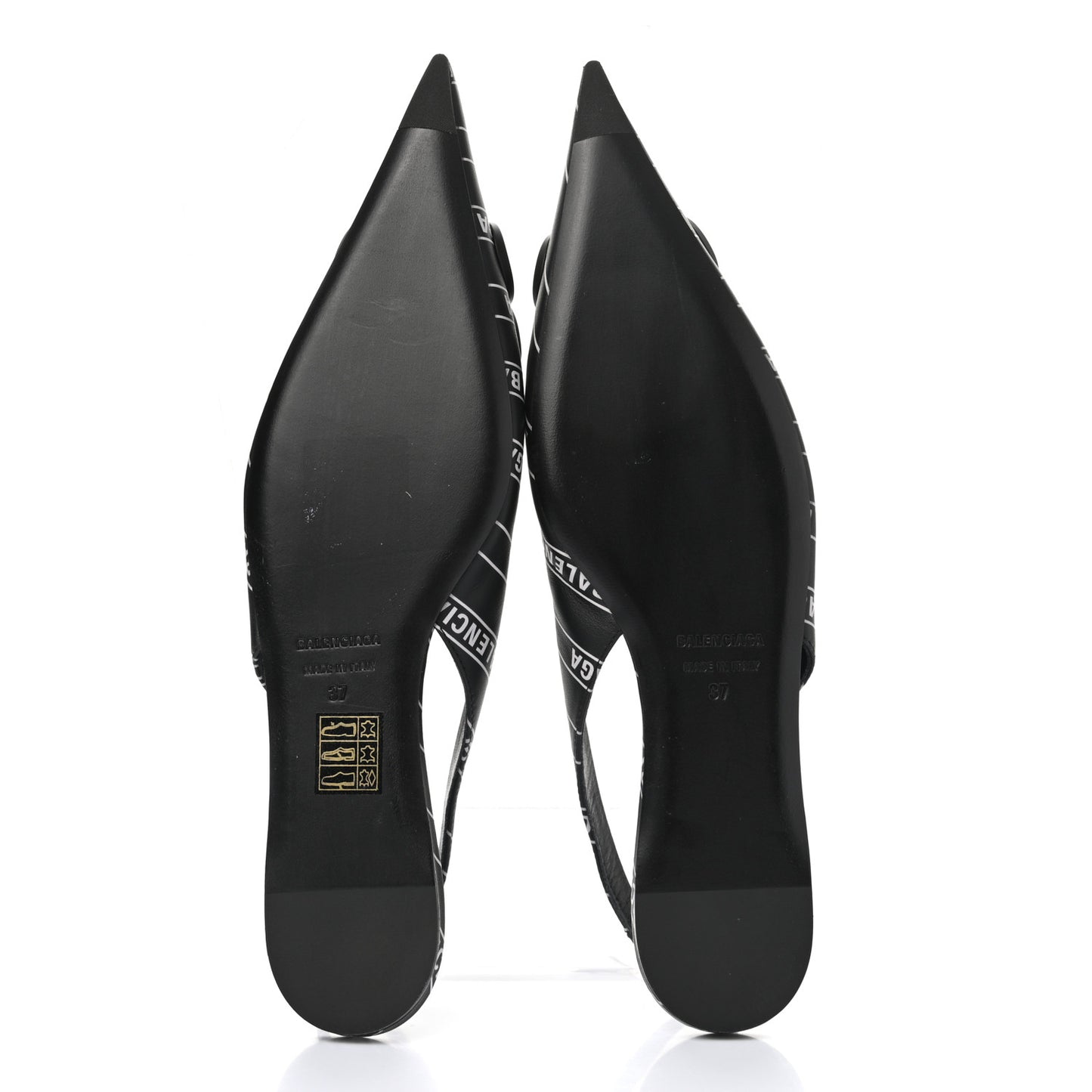 Calfskin Diagonal Allover Logo Print BB Knife Pointy Toe Slingback Flats 37 Black White