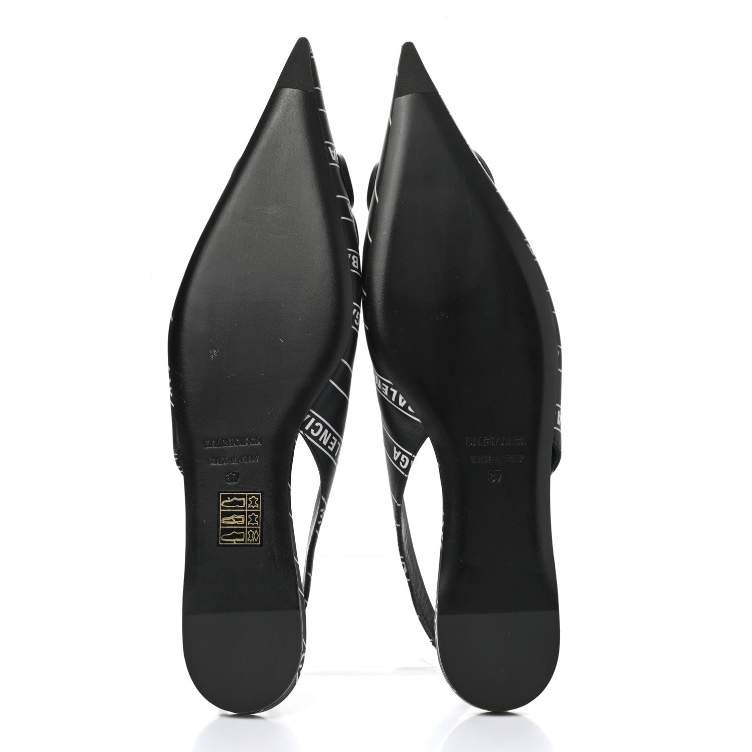 Balenciaga Calfskin Diagonal Allover Logo Print BB Knife Pointy Toe Slingback Flats 37 Black White 5 of 9