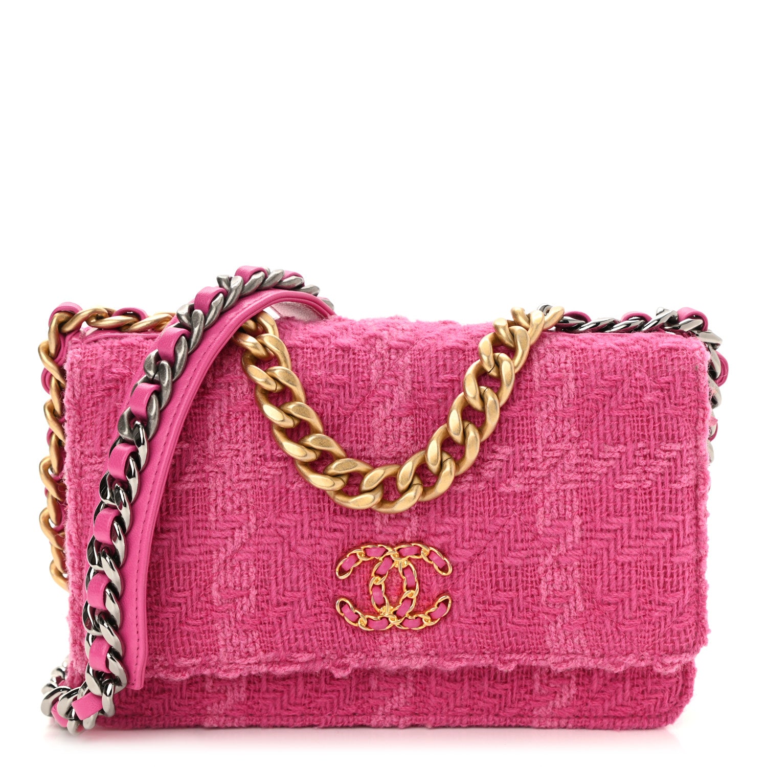 Chanel Wool Tweed Lambskin Quilted Chanel 19 Wallet On Chain WOC and Coin Purse Fuchsia 3 of 14