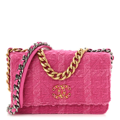 Chanel Wool Tweed Lambskin Quilted Chanel 19 Wallet On Chain WOC and Coin Purse Fuchsia 3 of 14