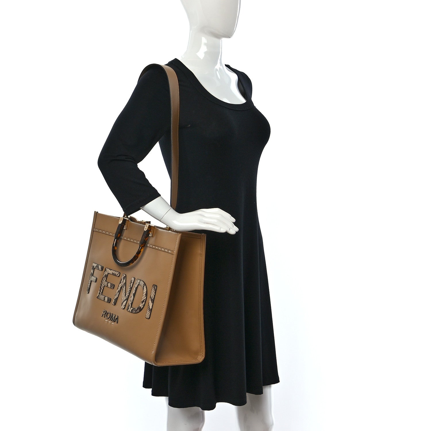 Fendi Vitello King Plexiglass Elaphe Python Print Logo Medium Fendi Sunshine Shopper Tote Miele Scuro Makeup 2 of 11
