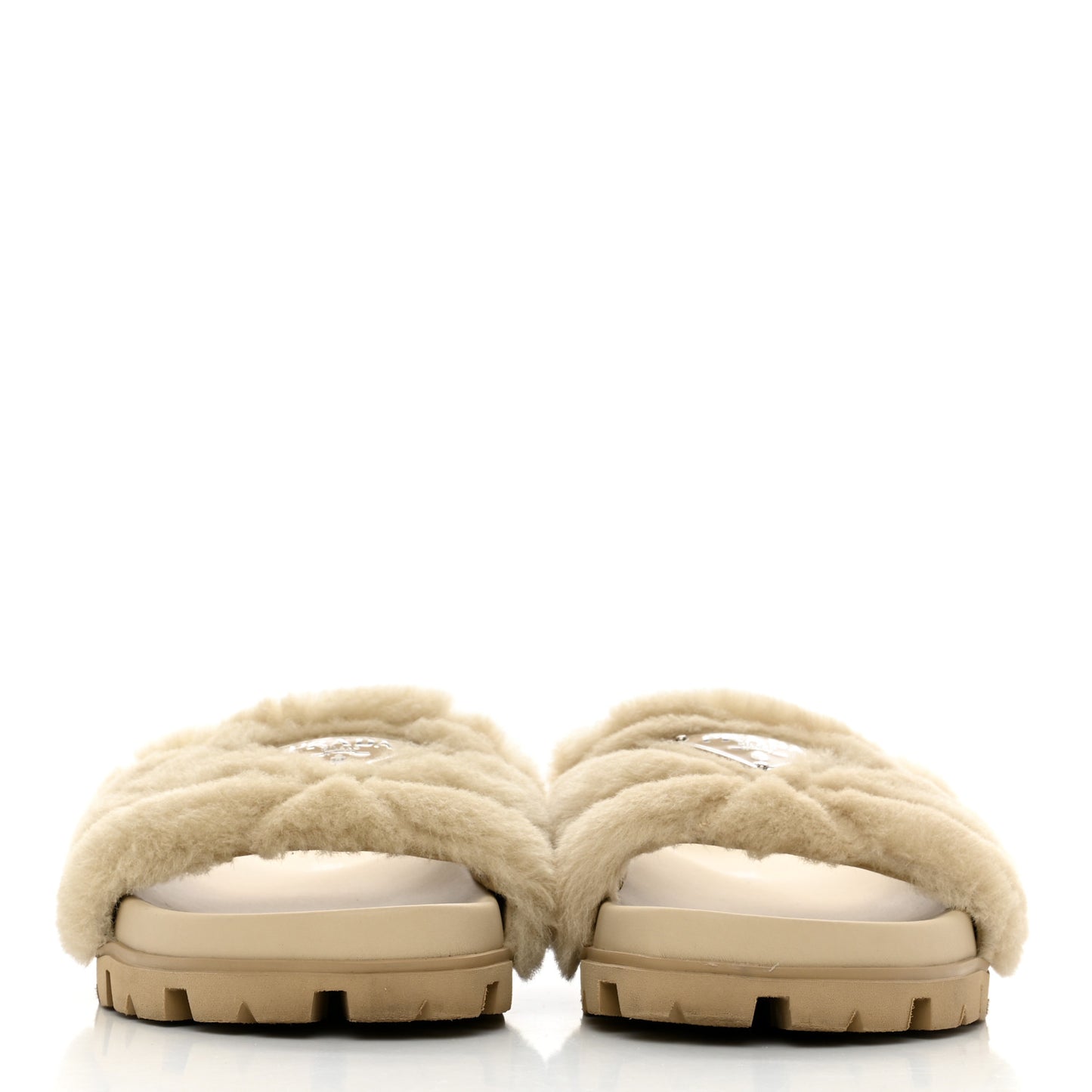 Shearling Metal Triangle Logo Lug Sole 20mm Slide Sandals 36 Ecru
