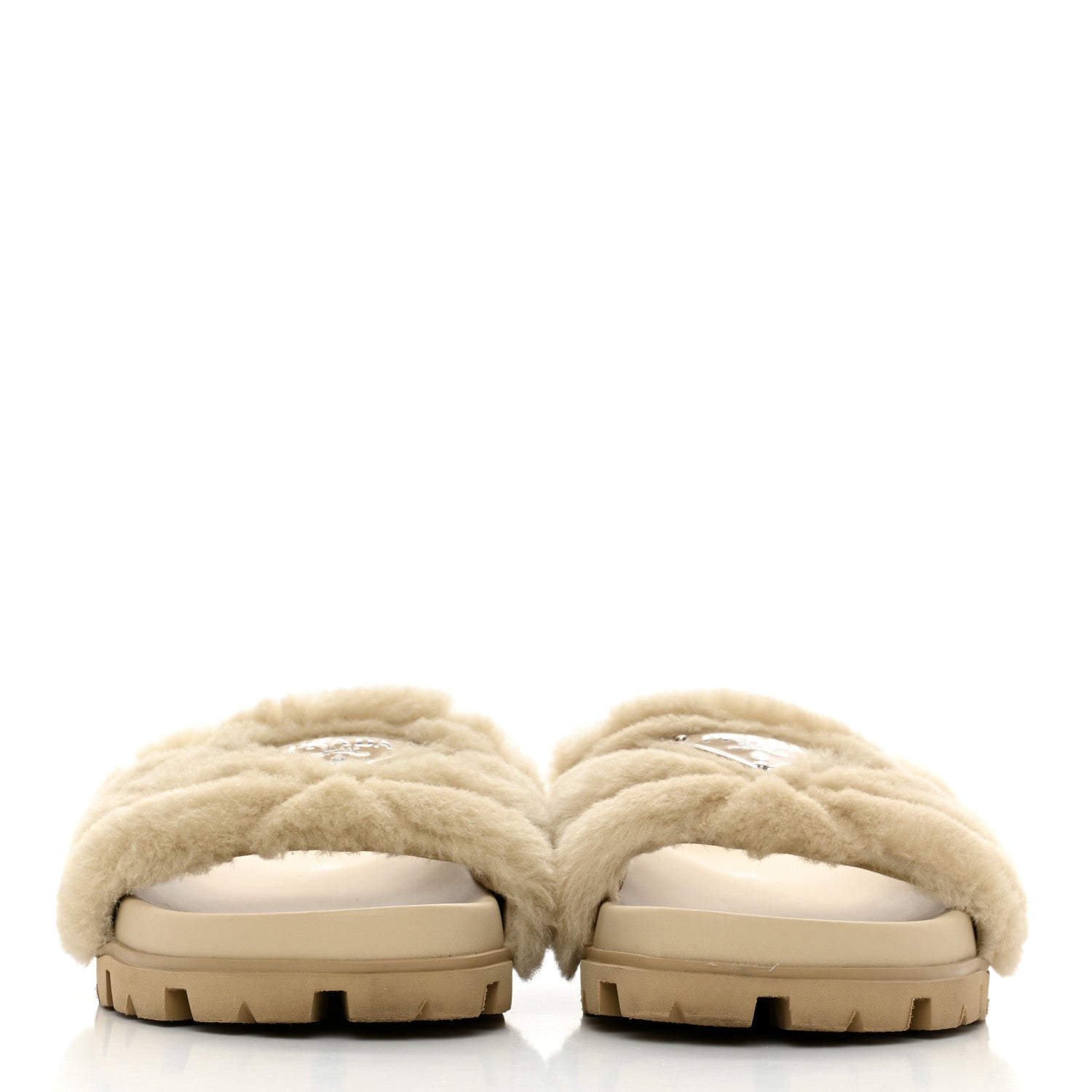 Prada Shearling Metal Triangle Logo Lug Sole 20mm Slide Sandals 36 Ecru 2 of 12