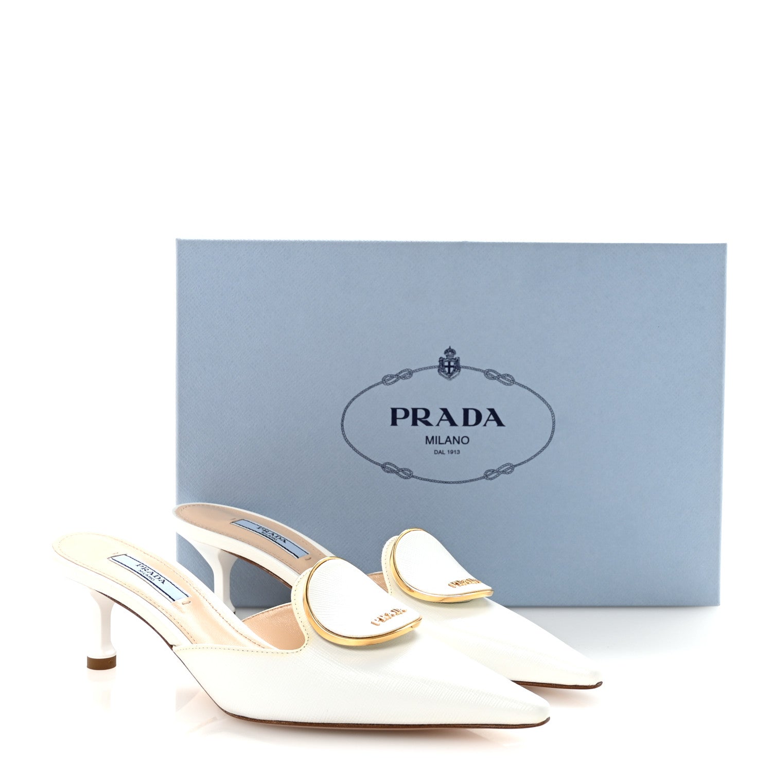 Prada Saffiano Logo Pointed Toe 50mm Mules 36 White 1866569