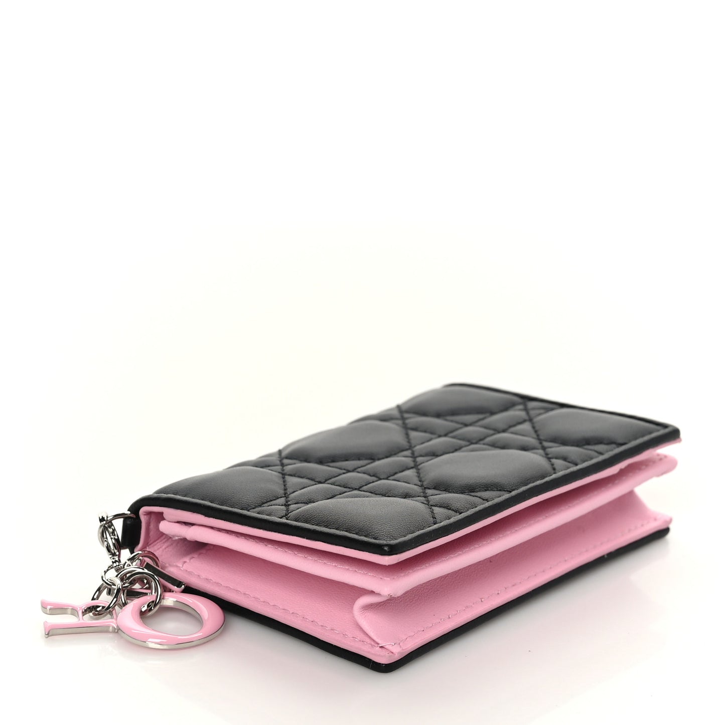 Lambskin Cannage Bi-Color Small Lady Dior Flap Card Holder Black Pink