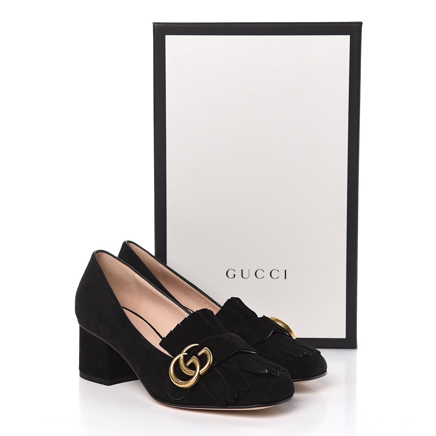 Kid Scamosciato GG Marmont Fringe 50mm Loafer Pumps 36 Black