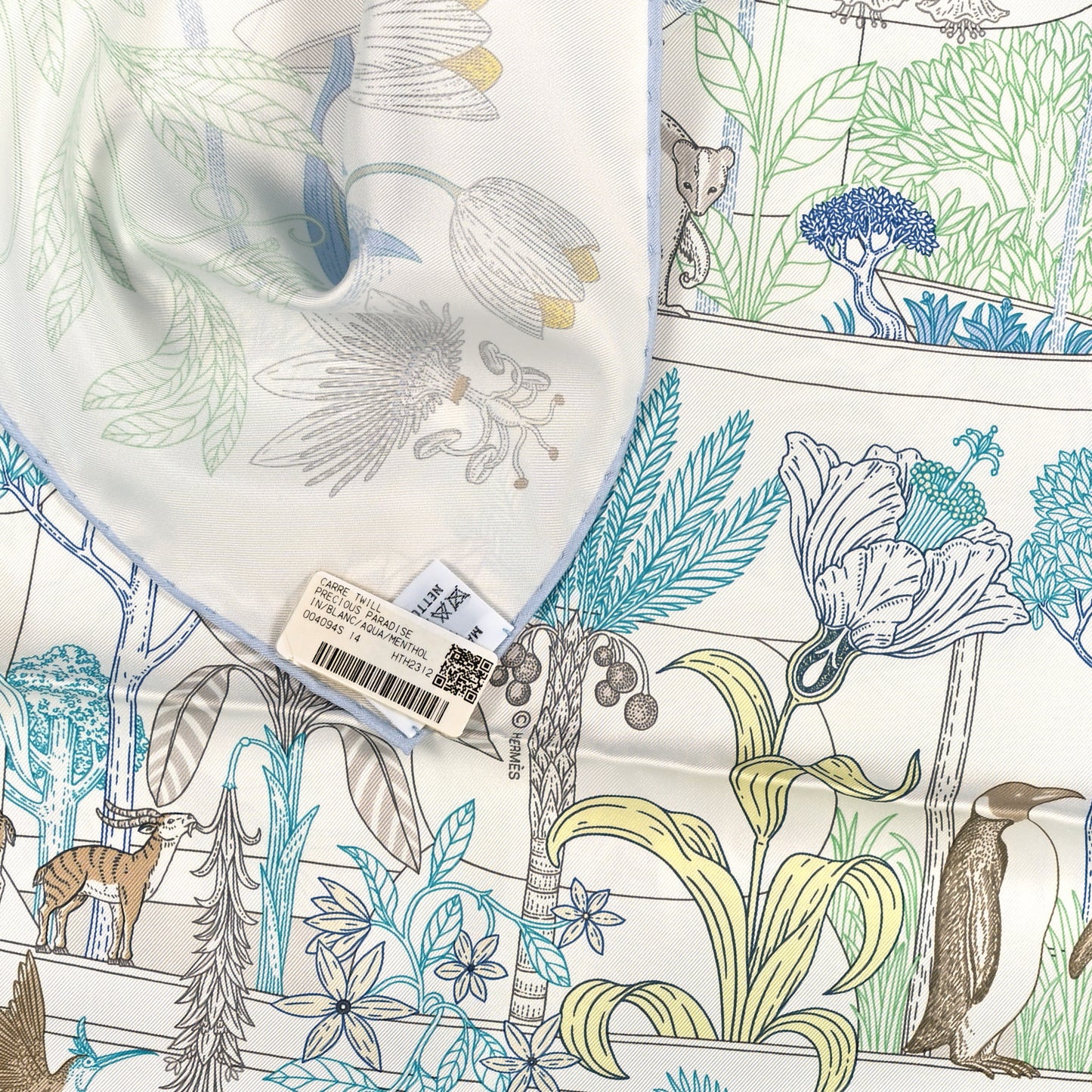 Silk Twill Precious Paradise Scarf 90 White Acqua Menthol