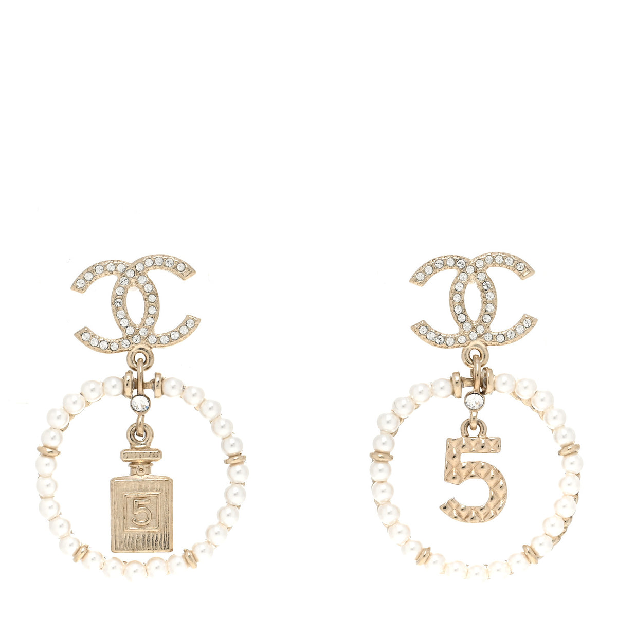Chanel Crystal Pearl Chanel Charms CC Drop Earrings Gold 1 of 5