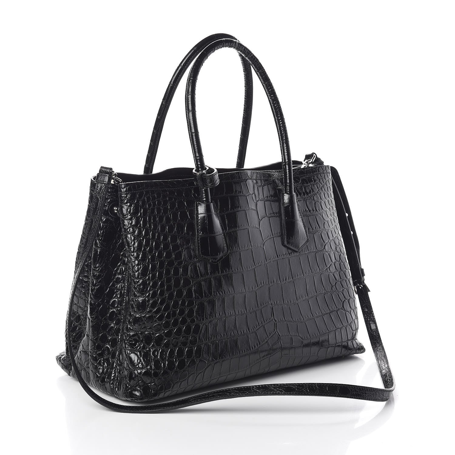 Prada Calfskin Crocodile Embossed Tote Black 3 of 9