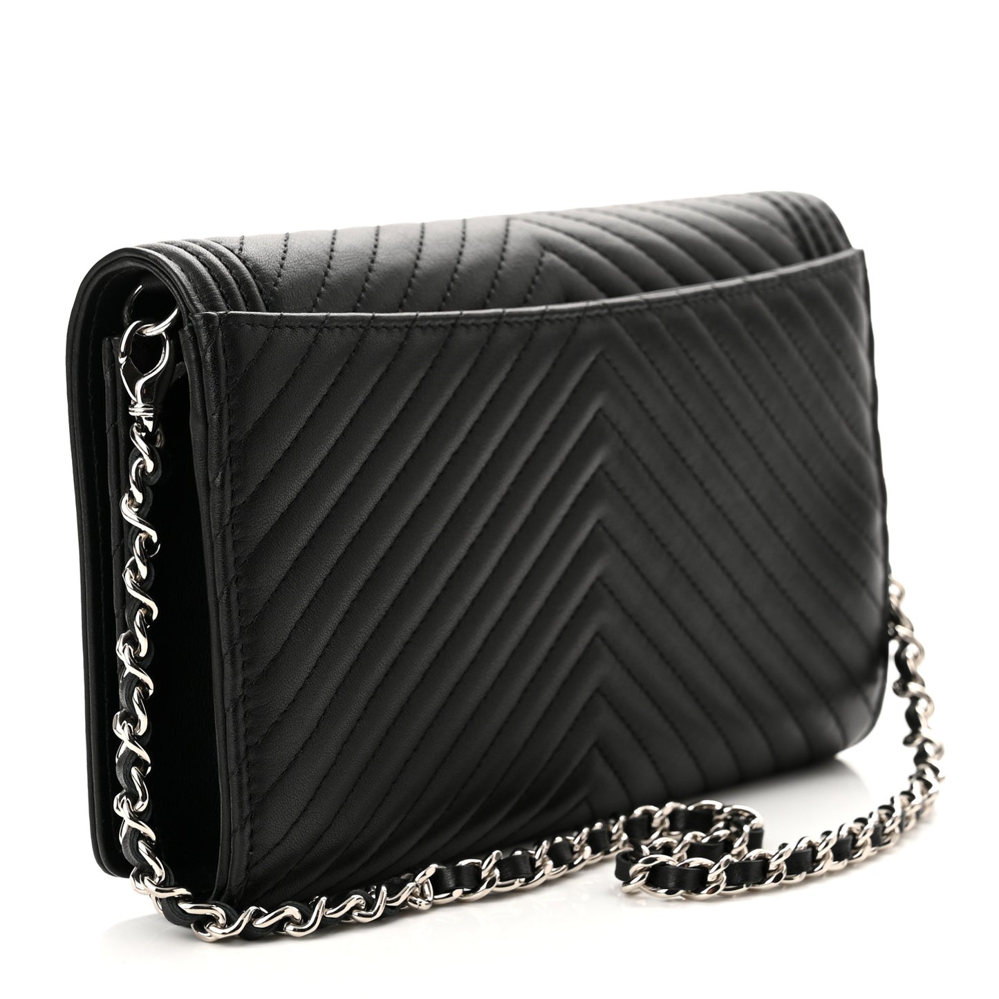 Calfskin Chevron Quilted Boy Wallet On Removable Chain WOC Black