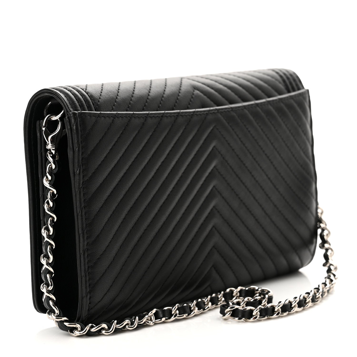 Chanel Calfskin Chevron Quilted Boy Wallet On Removable Chain WOC Black 2 of 11