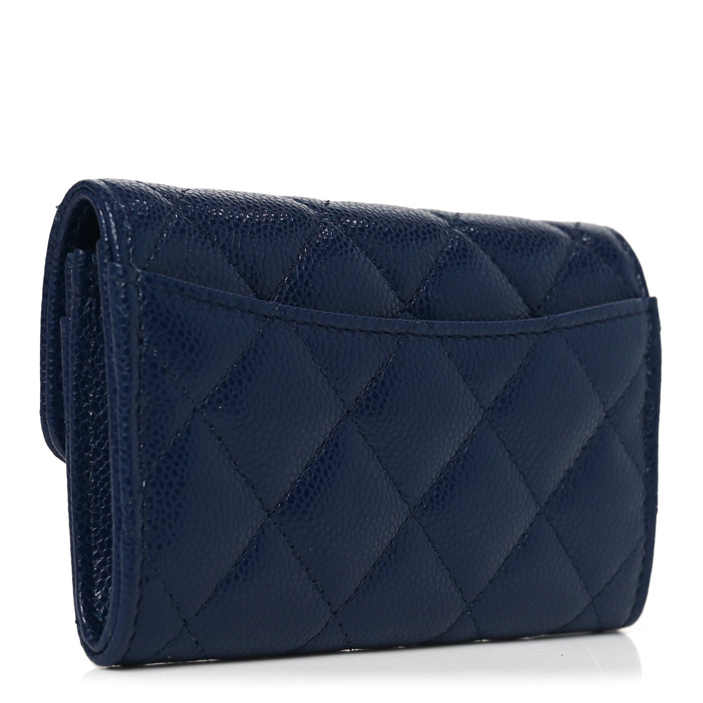 Caviar Quilted Flap Card Holder Wallet Navy Blue