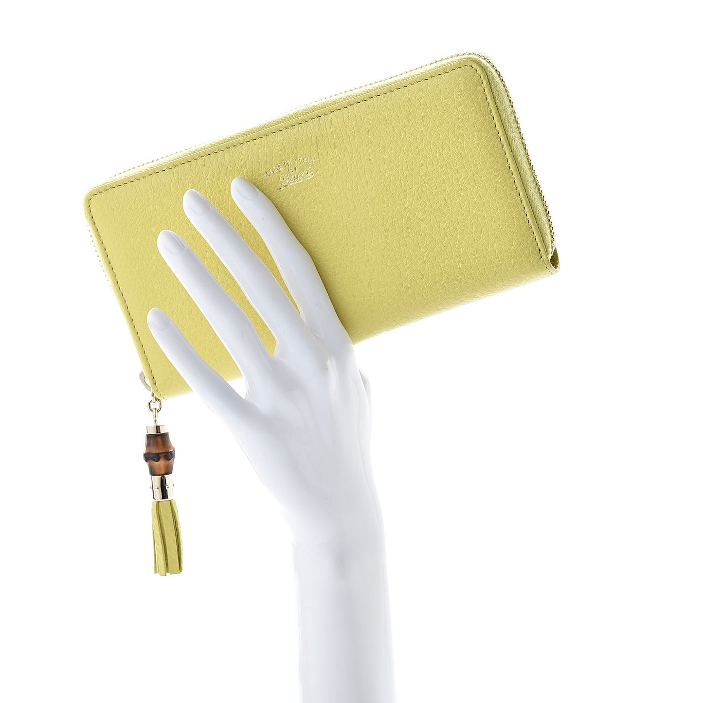 Pebbled Calfskin Bamboo Tassel Zip Around Wallet Citrus