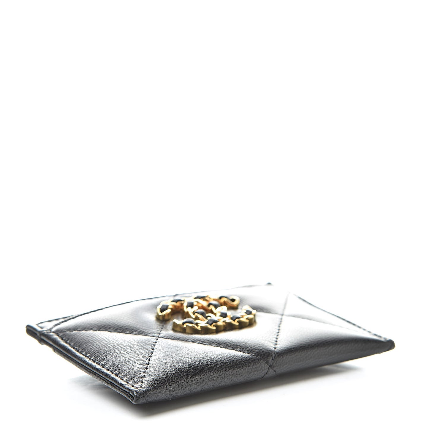 Shiny Goatskin Quilted Chanel 19 Card Holder Black