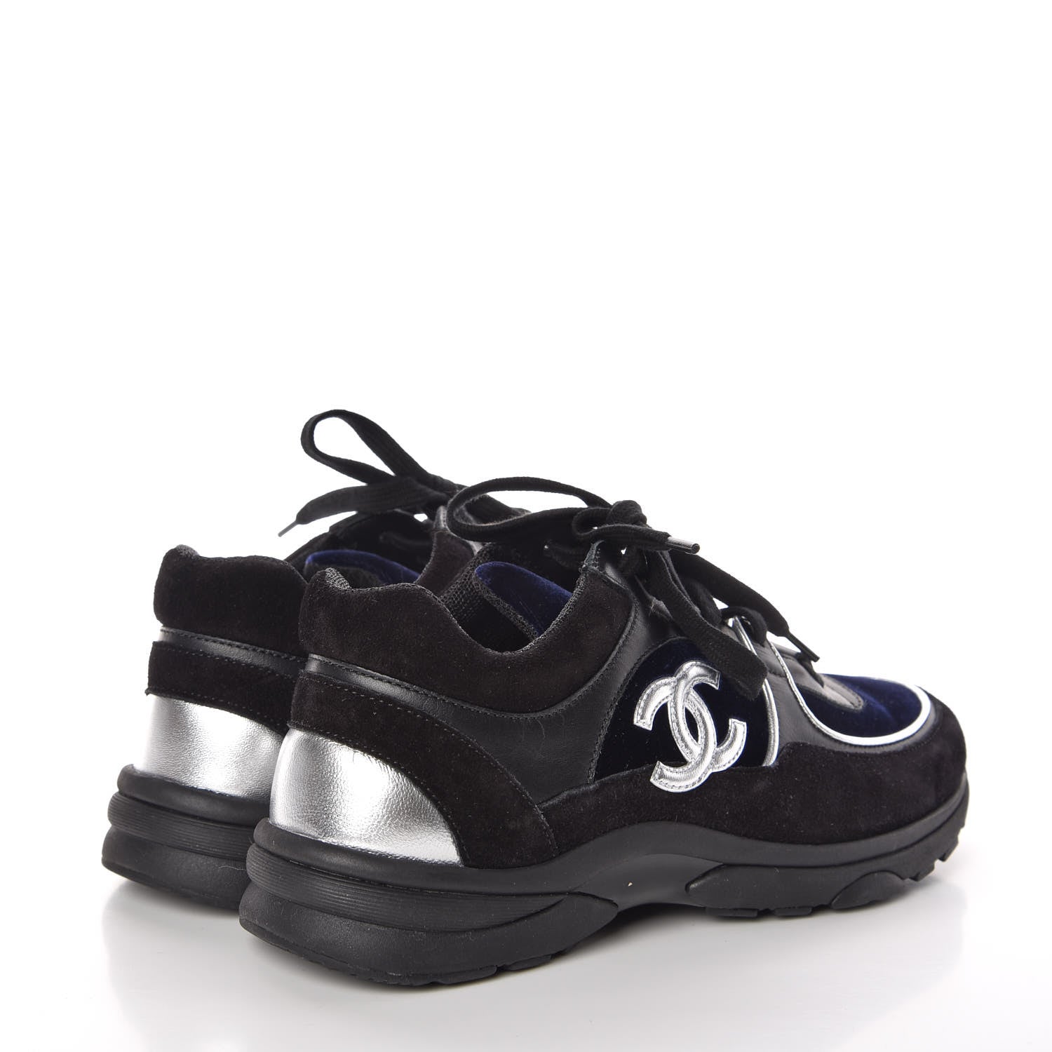 Chanel Suede Velvet Lambskin CC Sneakers 37 Black Blue Silver 4 of 8