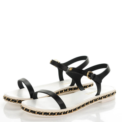 Chanel Calfskin CC Chain Flat Sandals 38 White Black 3 of 7