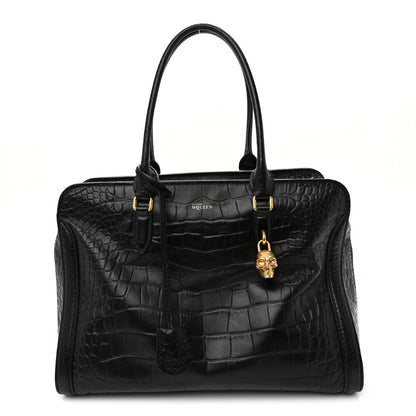 Alexander McQueen Calfskin Crocodile Embossed Large Skull Padlock Zip Around Tote Black 1 of 10