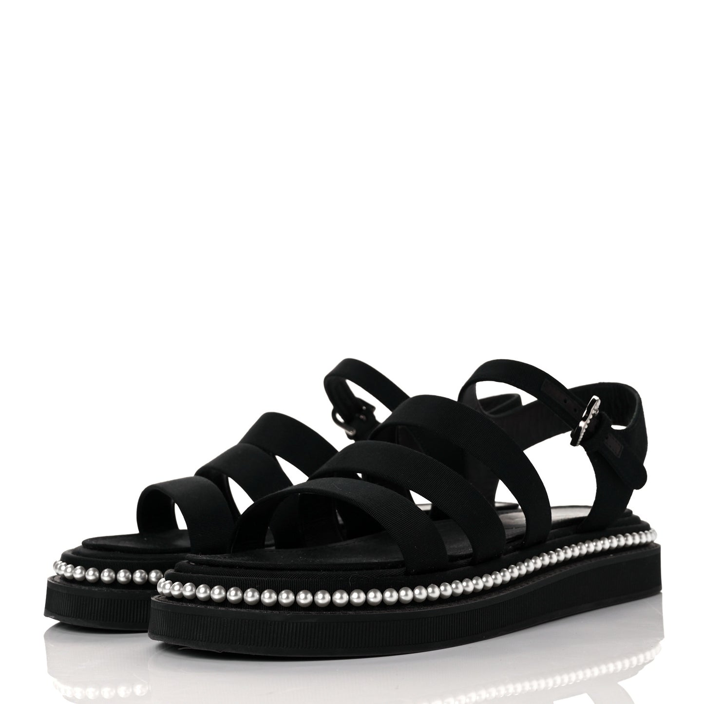 Grosgrain Pearl Flat Sandals 37 Black