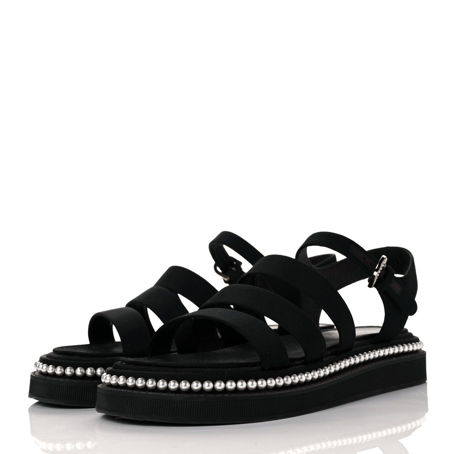 Chanel Grosgrain Pearl Flat Sandals 37 Black 3 of 9