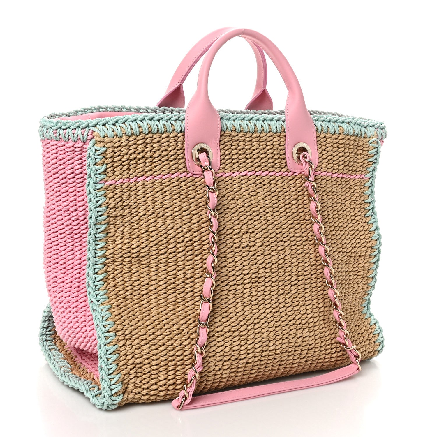 Chanel Raffia Crochet Medium Deauville Tote Beige Light Pink Green