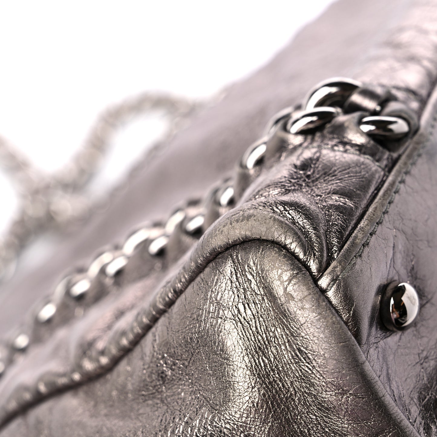 Metallic Cracked Calfskin Modern Chain Tote Dark Silver
