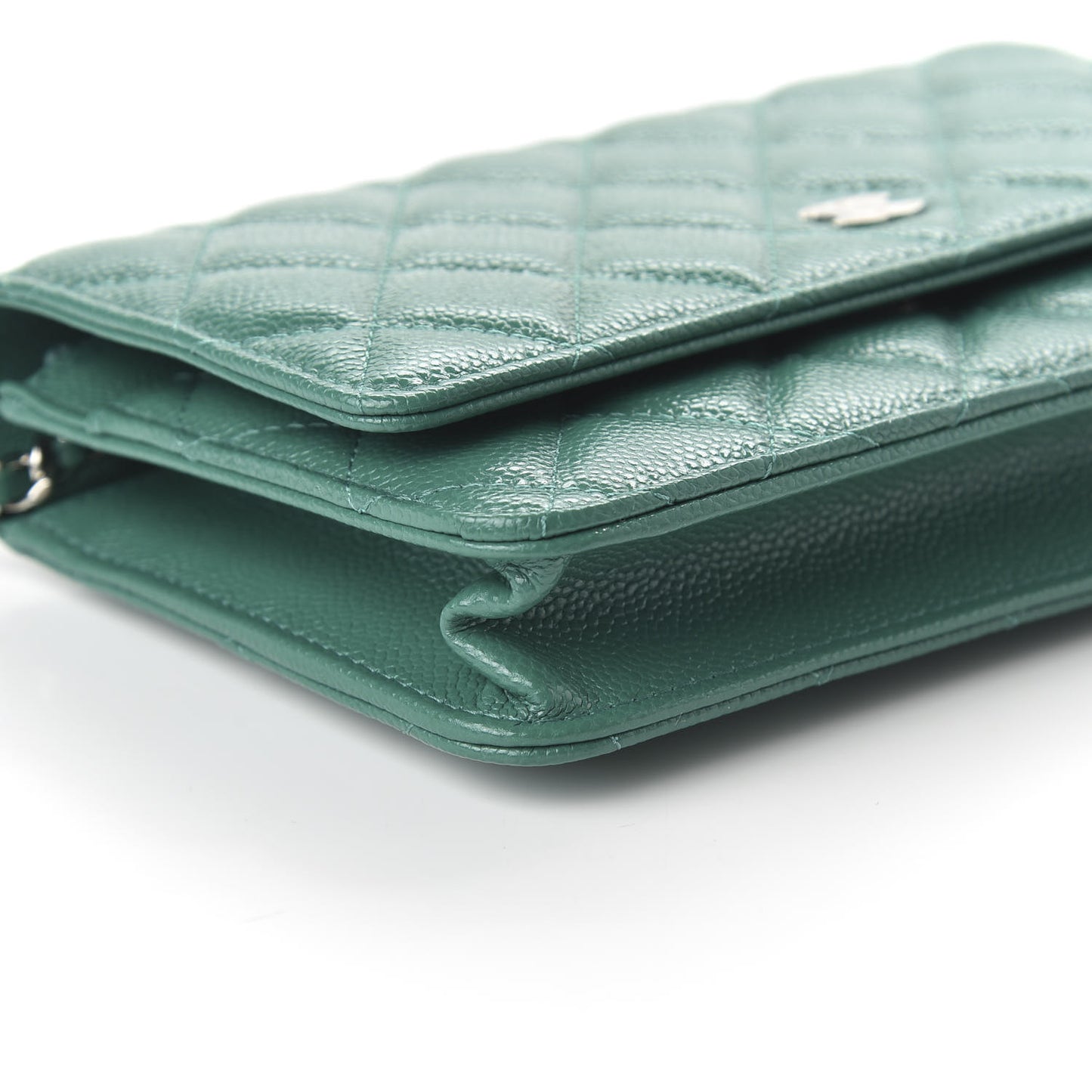 Iridescent Caviar Quilted Wallet On Chain WOC Green